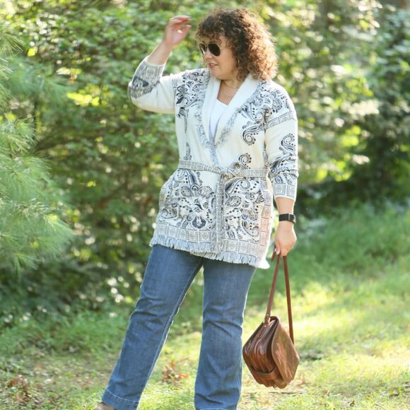 Sioni Paisley Jaquard Fringe Shawl Knit Sweater Cardigan - Picture 9 of 9